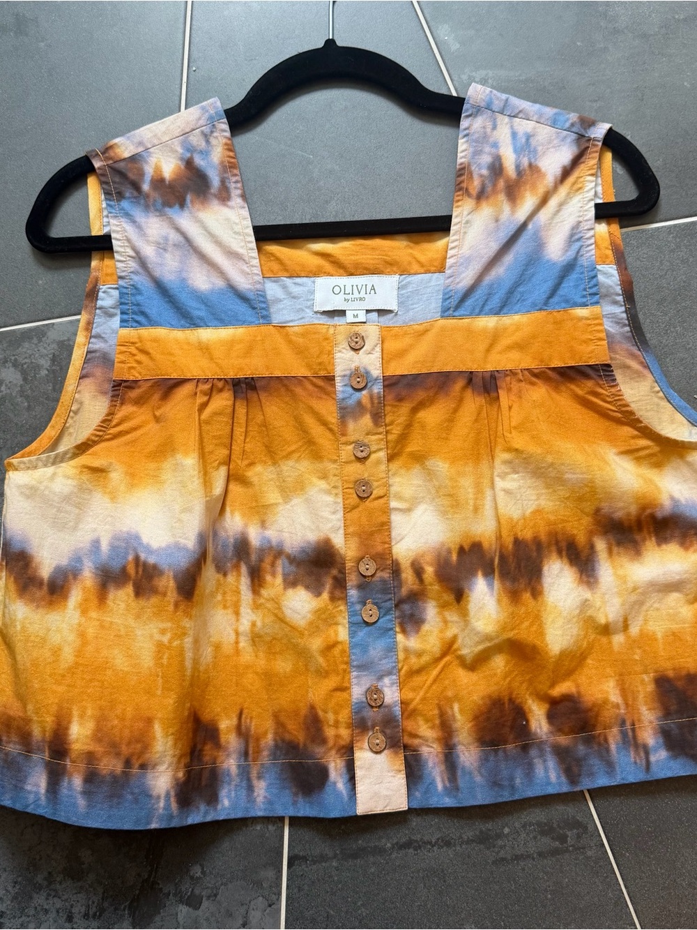 Olivia by Livro Nellie Tie-Dye Button Front Tabk - Blue & Mustard